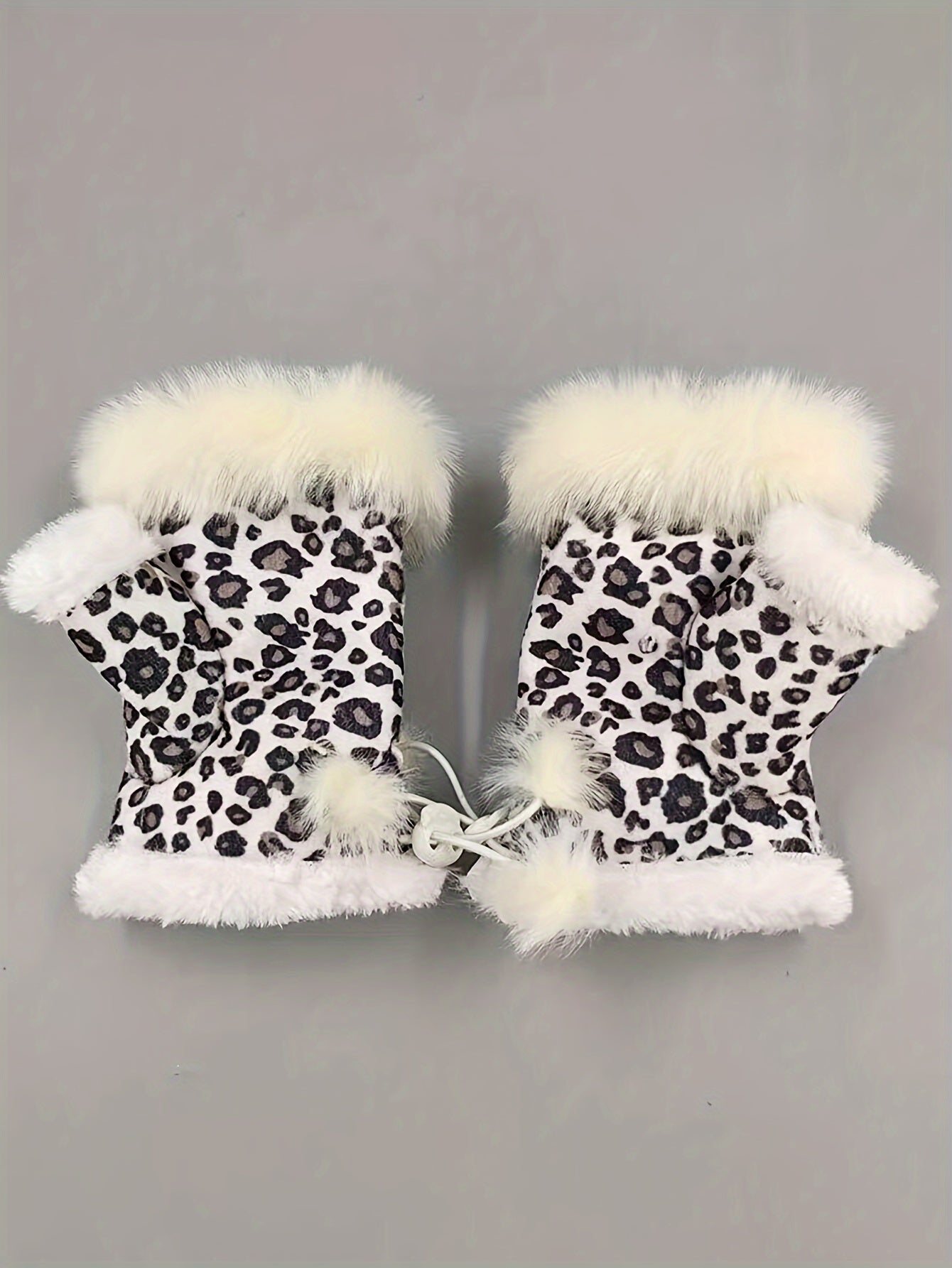 1 Pair of Plush Leopard Print Fingerless Mittens for Women - Cozy & Warm Knit Gloves with Adjustable Lace-Up Wrist, Vintage Harajuku Style, Machine Washable for Autumn/Winter Elegance