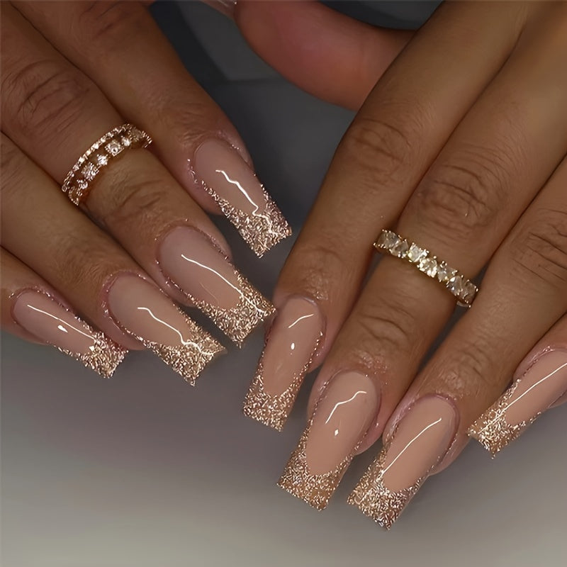 5-Pack (120 Pcs) Long Coffin Press-On Nails with Glittering French Tip - 3D Flower & Heart Rhinestone Design + 20pcs Ring Set - Mixed Glossy Finish, Adhesive Tabs & Nail File Included - Ultimate Glam for Women