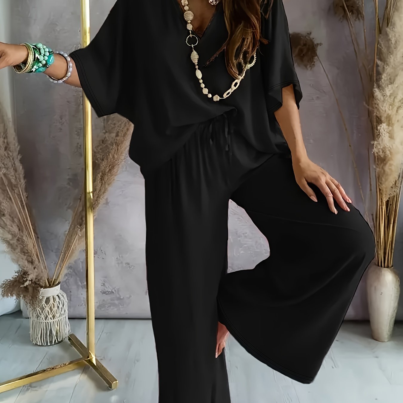 Women's Casual Solid Color Pants Set – Half Sleeve V-Neck Top & Wide Leg Pants, Lightweight Knit Outfit for Spring & Summer