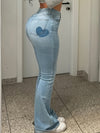 Stylish High-Quality Blue Denim Women's Jeans with Flared Leg Design and Heart-Shaped Patch - Comfortable Stretch Blend for Casual Wear - Long Length, Trendy and Fashionable Fit