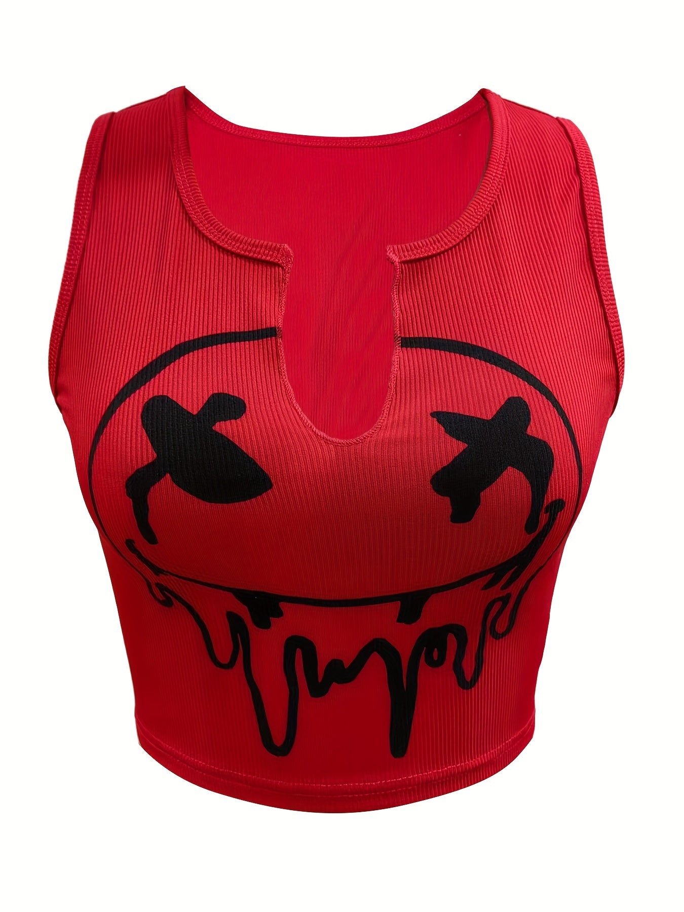 Melted Smile Print Crew Neck Tank Top, Cute Sleeveless Tank Top For Summer, Women's Clothing
