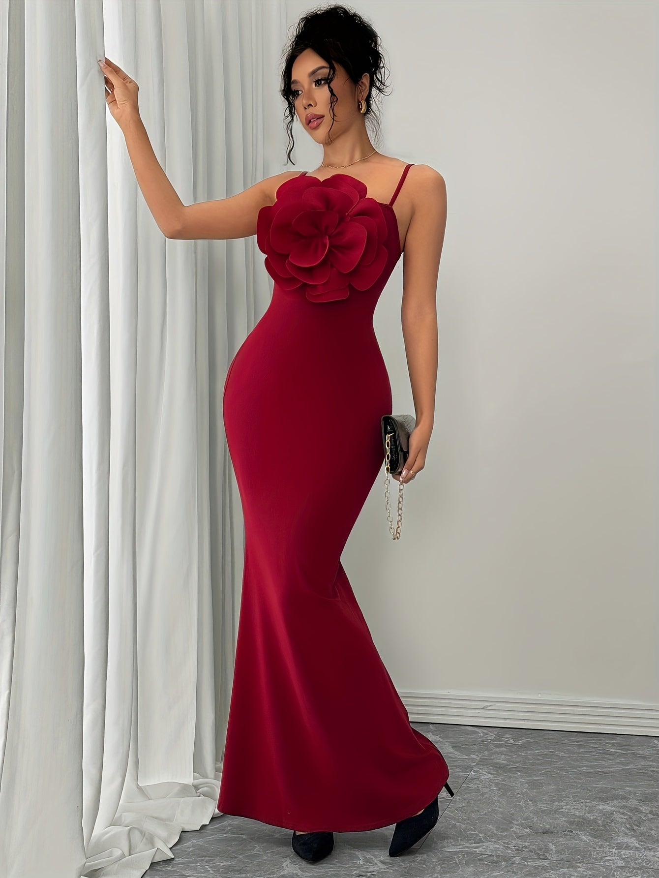Women'S Stylish Red Off-Shoulder Gown with Large Floral Embroidery - Polyester, Bodycon Fit, Knit Fabric, Perfect for Adult, All Season, Elegant Evening Wear, Floral Embroidery Dress | Offshoulder Gown | Knit Fabric Gown