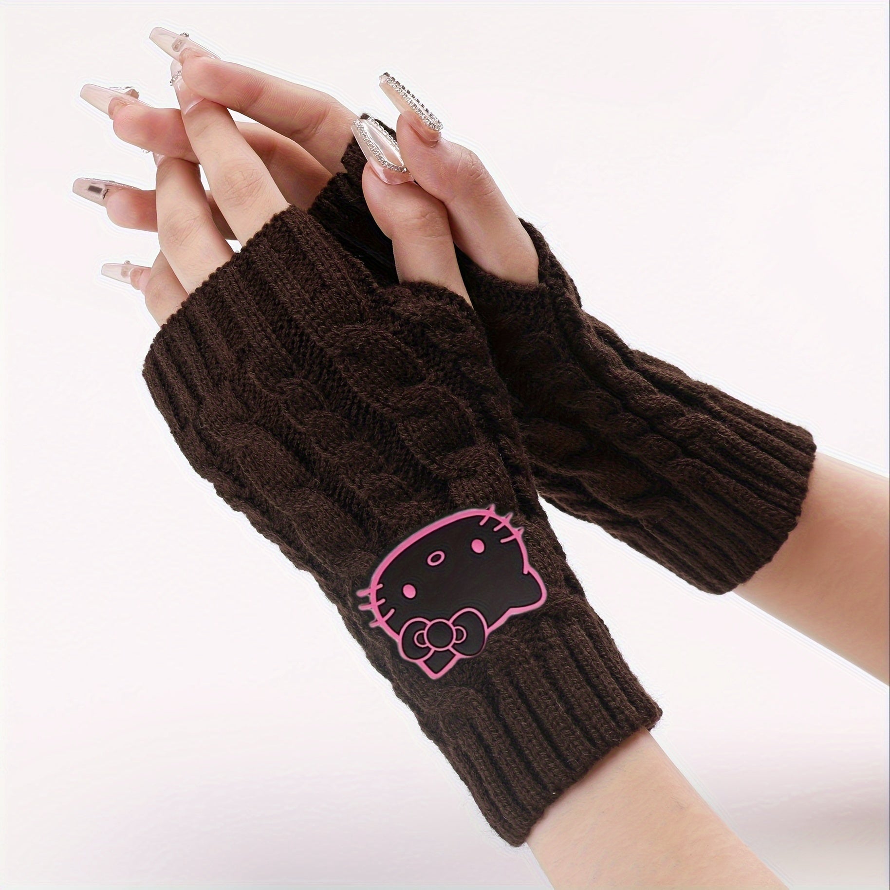 1pc of Sanrio Hello Kitty Cartoon Fashion Pvc Soft Rubber Big Head Decoration Autumn And Winter Leisure Knitting Open Finger Cuff Linen Pattern Short Gloves for Women to Work Cycling Interlocking Warm Wrist Gloves for Women C