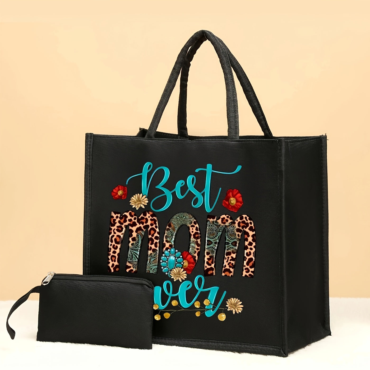 2pcs Elegant Polyester Tote Bags And Purse, "Best Mom Ever" Print Bag - Large Capacity, Fashionable Design - For Women - Perfect for Travel, Shopping & Everyday Use - Ideal Gift for Mother's Day