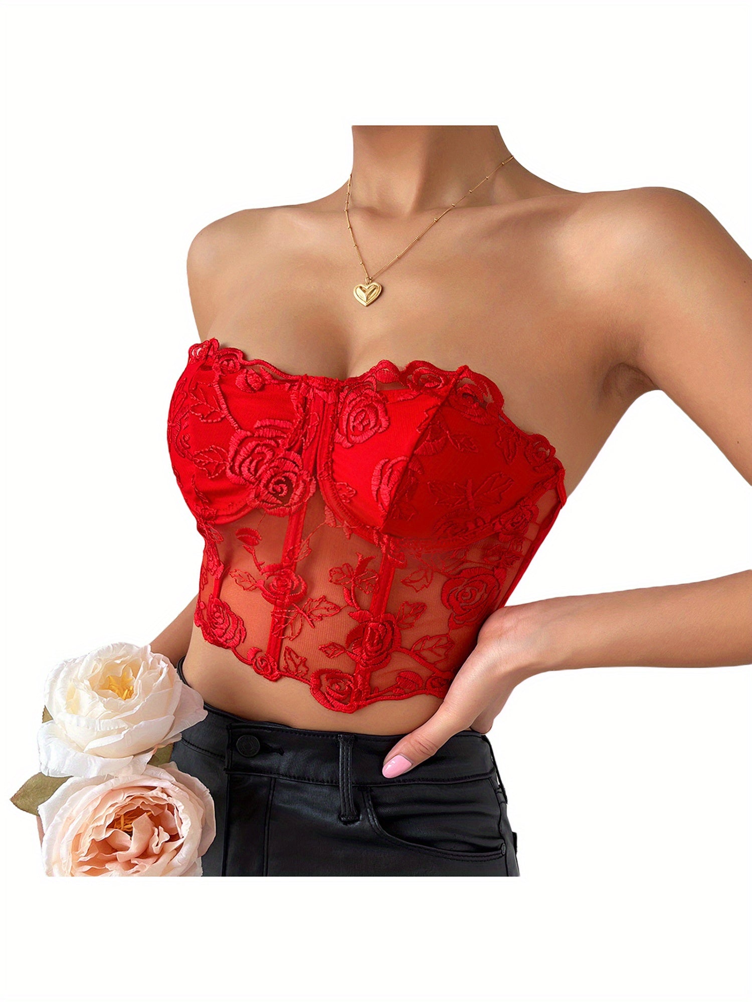 Women'S Bust Tube Tops, Embroidered Flowers Seen Through The Shoulders And Hearts of Everyday Club Parties.