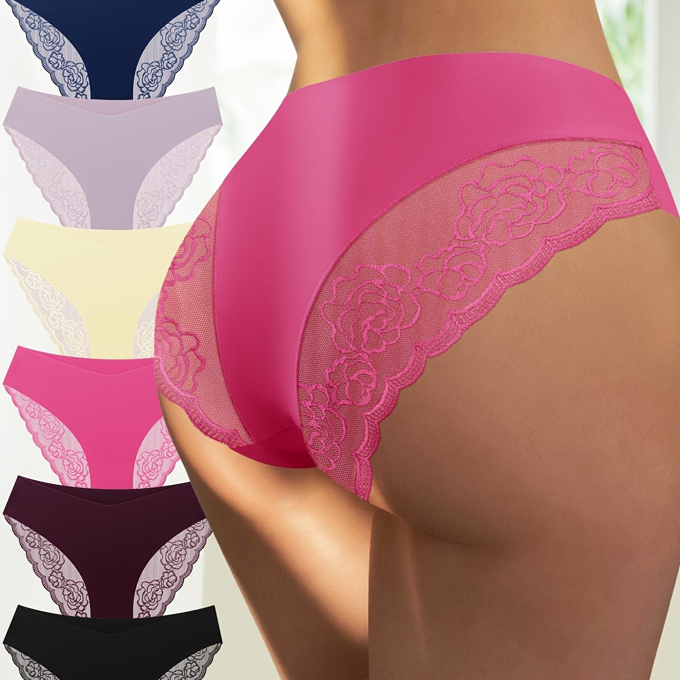 6pcs Contrast Seamless Lace Briefs, Soft & Comfy Stretchy Intimates Panties, Women's Lingerie & Underwear