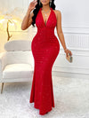 Women's Halter Neck Backless Evening Dress - Vibrant Red Bodycon Sleeve with Sparkling Details, Form-Fitting Mermaid Gown for Spring/Summer Parties & Galas