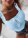 Women'S Elegant Blue Lettuce Trim Cami Top with Floral Print & Tie-Dye Detail - Sleeveless, Stretchy Spandex, Perfect for Spring/Summer/Fall