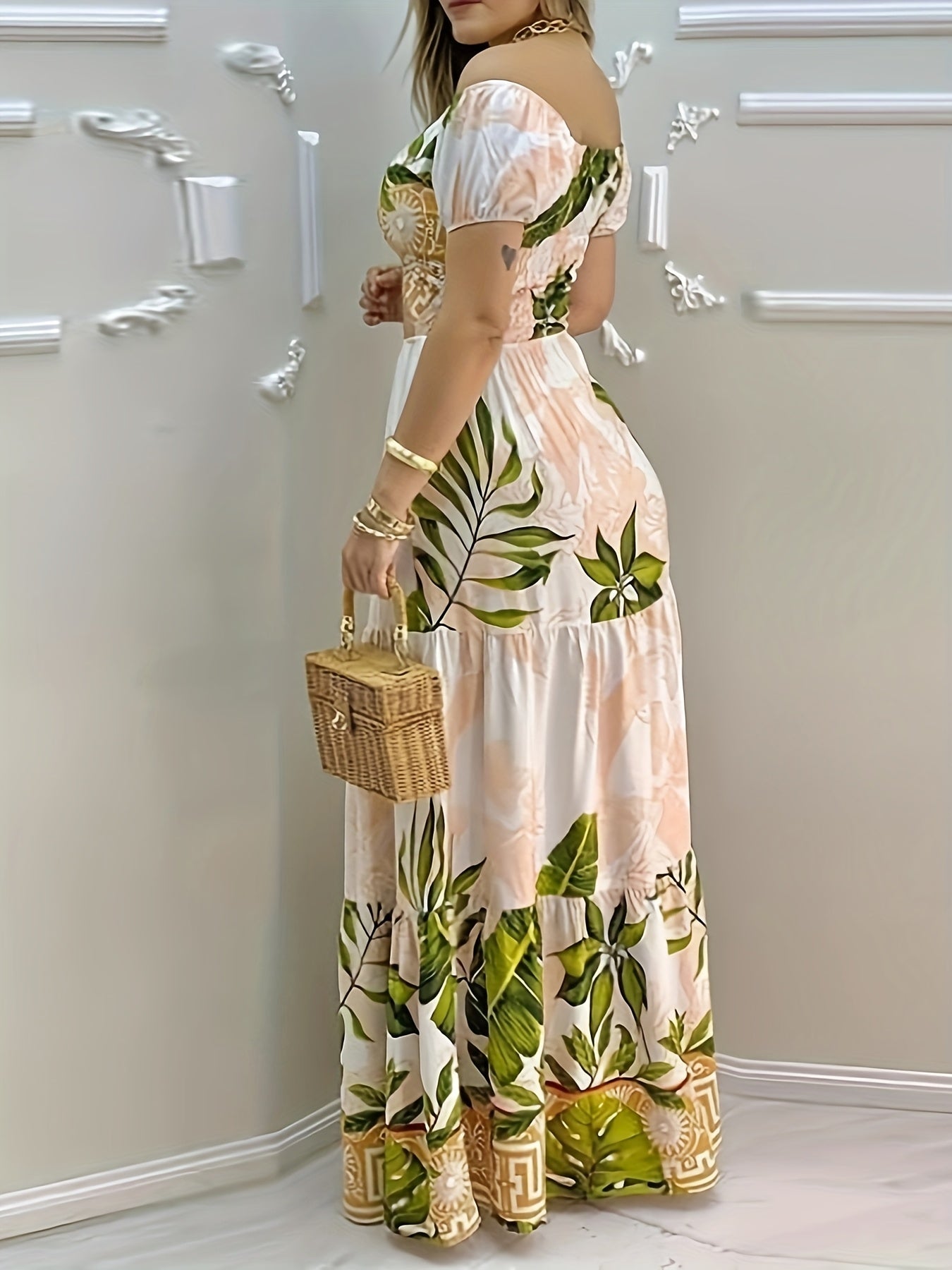 [Summer Print Dress] Summer V-Neck Print Maxi Dress for Women - Aline Silhouette, Ruffled Detail, Woven Construction, Cute Summer Dresses