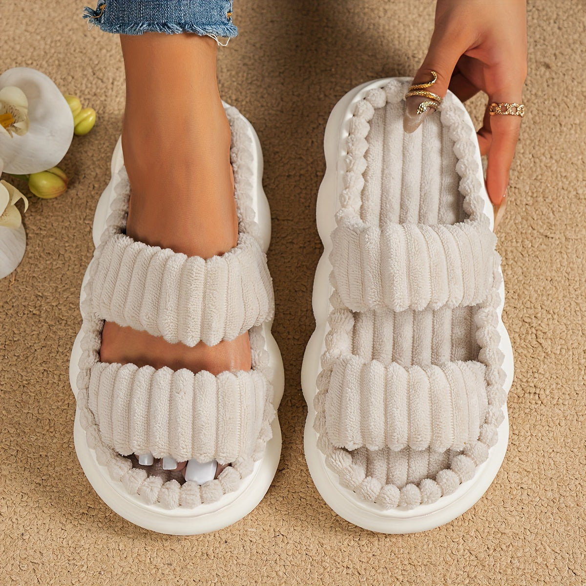 Two Bands Women's Plush Open Toe Platform Slippers, Soft Sole Fuzzy Comfortable Indoor Floor Shoes