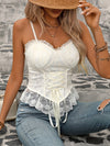 [Summer Elegance] Elegant Women's Lace Corset Cami Top with Floral Print - Sweetheart Neckline, Ruffle Hem, Tummy Control Slim Fit for Summer