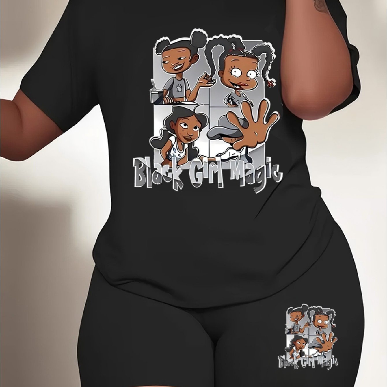 Women's casual cartoon print, polyester knit T-shirt and shorts leggings set, crewneck short sleeves, regular fit, all seasons