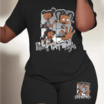 Women's casual cartoon print, polyester knit T-shirt and shorts leggings set, crewneck short sleeves, regular fit, all seasons