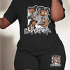 Women's casual cartoon print, polyester knit T-shirt and shorts leggings set, crewneck short sleeves, regular fit, all seasons