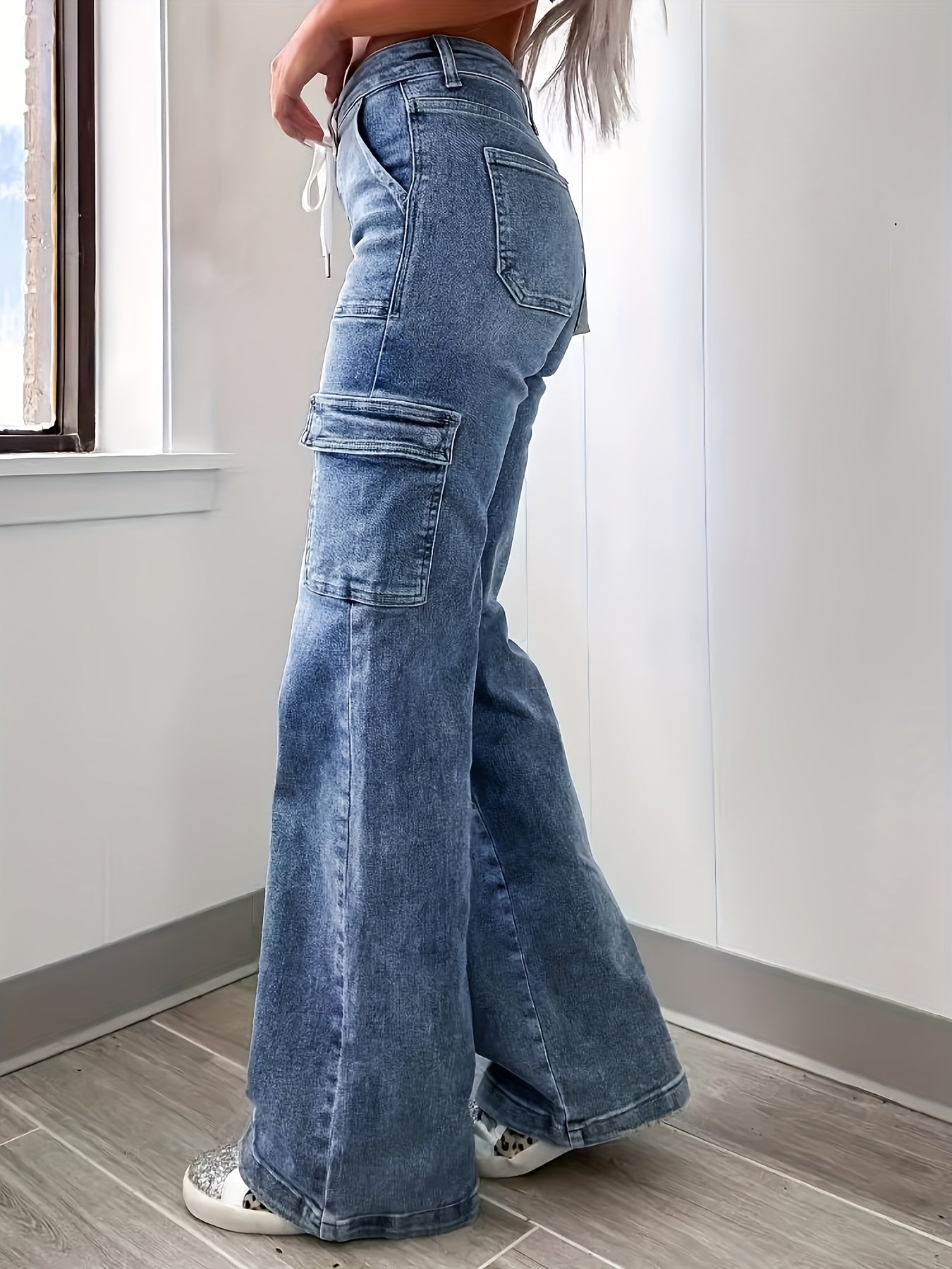 2025 New Style Women'S Leisure Straight-leg Jeans With Laces And Multiple Pockets. Casual Fashion Denim Fabric Sweatpants Jeans Fit Womenswear