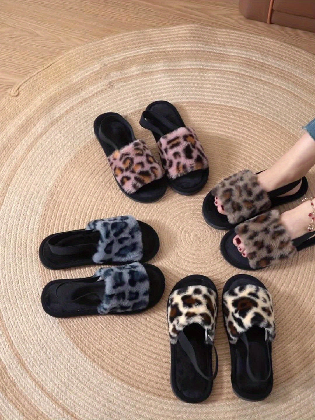 Leopard Print Fuzzy Flat Slippers, Open Toe Elastic Strap Slip On Shoes, Cozy & Warm Home Slipper Sandals - Plush Fleece & Rubber Sole - For Women & Men - Perfect for Relaxing at Home - Ideal Gift for Birthday & Holidays