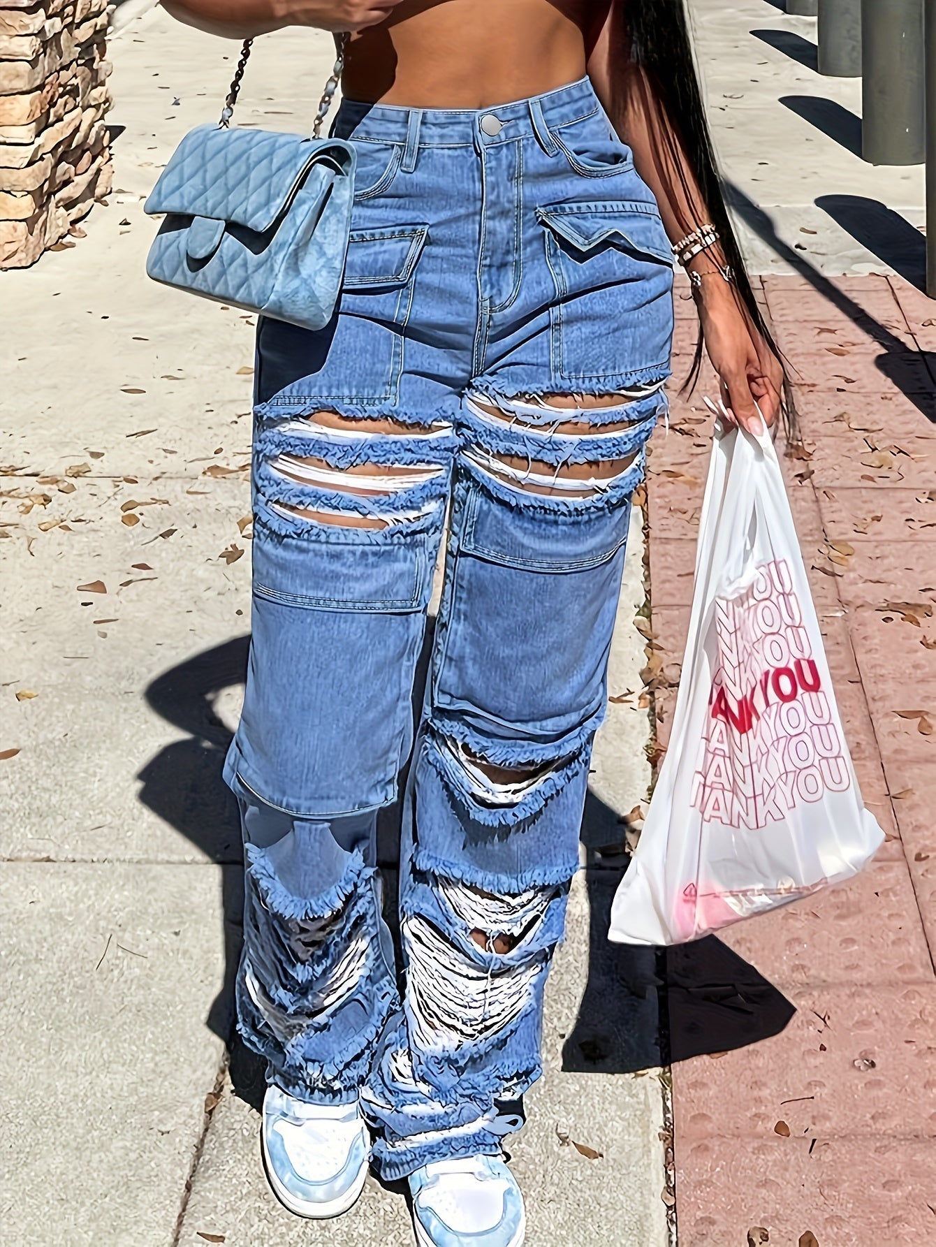 High Waisted Imitation Old Cut Hole Straight Leg Pants, Long Jeans, Loose Wide Leg Slanted Pockets And Button Closure, Multifunctional Women's Work Pants, Women's Jeans And Clothing