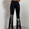 Women's Flared Pants | Black with White Lace-Up Design | Stretchy Polyester-Spandex Blend | Casual All-Season Wear | Machine Washable | Slim Fit Bell Bottoms for Everyday Style, Allseason Trousers | Stylish Casualwear | Comfo