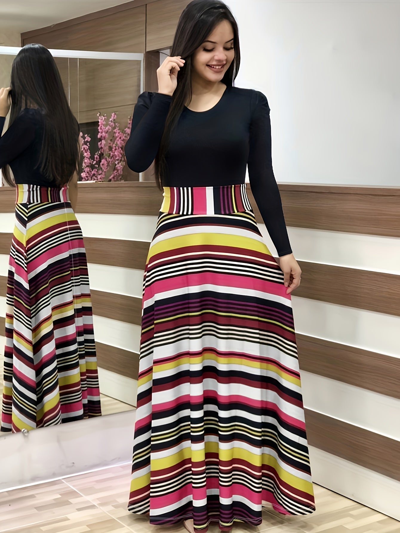 Stunning Floral Print Maxi Dress - Women's Elegant Long Sleeve Crew Neck Splicing Dress for Spring & Fall - Perfect for Various Occasions