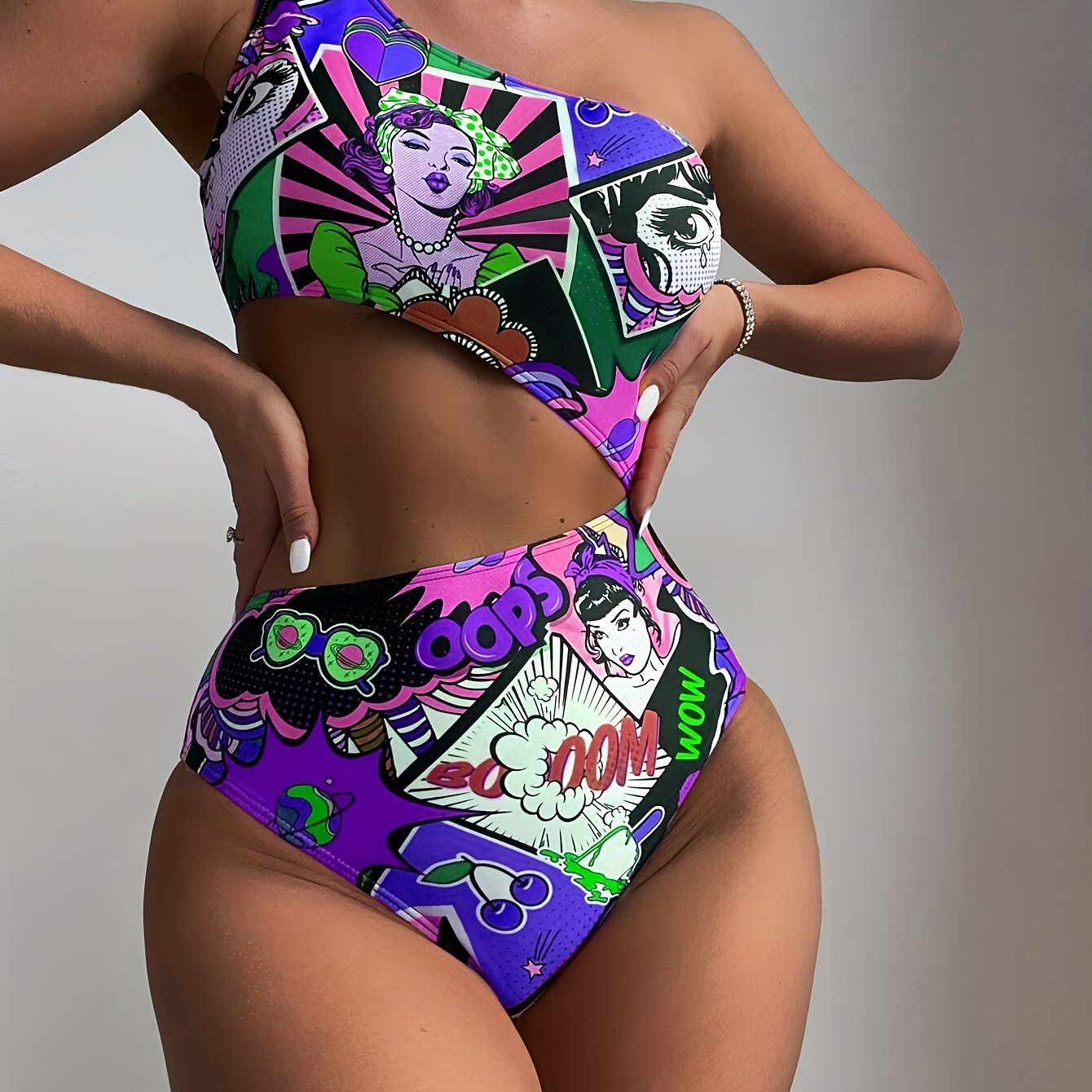 High-Stretch Womens One-piece Swimsuit - Fun Cartoon Comic Prints & Asymmetric Pop Art Design, Unique Cut Out Bathing Suit for a Fashion-Forward Look
