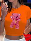 1pc Y2K Style Pink Teddy Bear Graphic Crop Top - Short Sleeve Round Neck Semi-Transparent Polyester Blend Tee for Women, Spring/Summer Casual Wear, Teddy Bear T Shirt