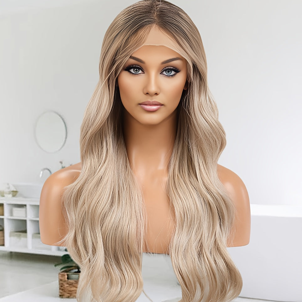 Realistic Glueless Lace Front Wig for Women - Brown Rooted Ash Blonde Body Wave 20" Shoulder Length, 130% Density Synthetic Hair with 13x4x1 Lace Area, Middle Part Elegant Unisex Wig for All Ethnicities, Versatile Hairpiece |