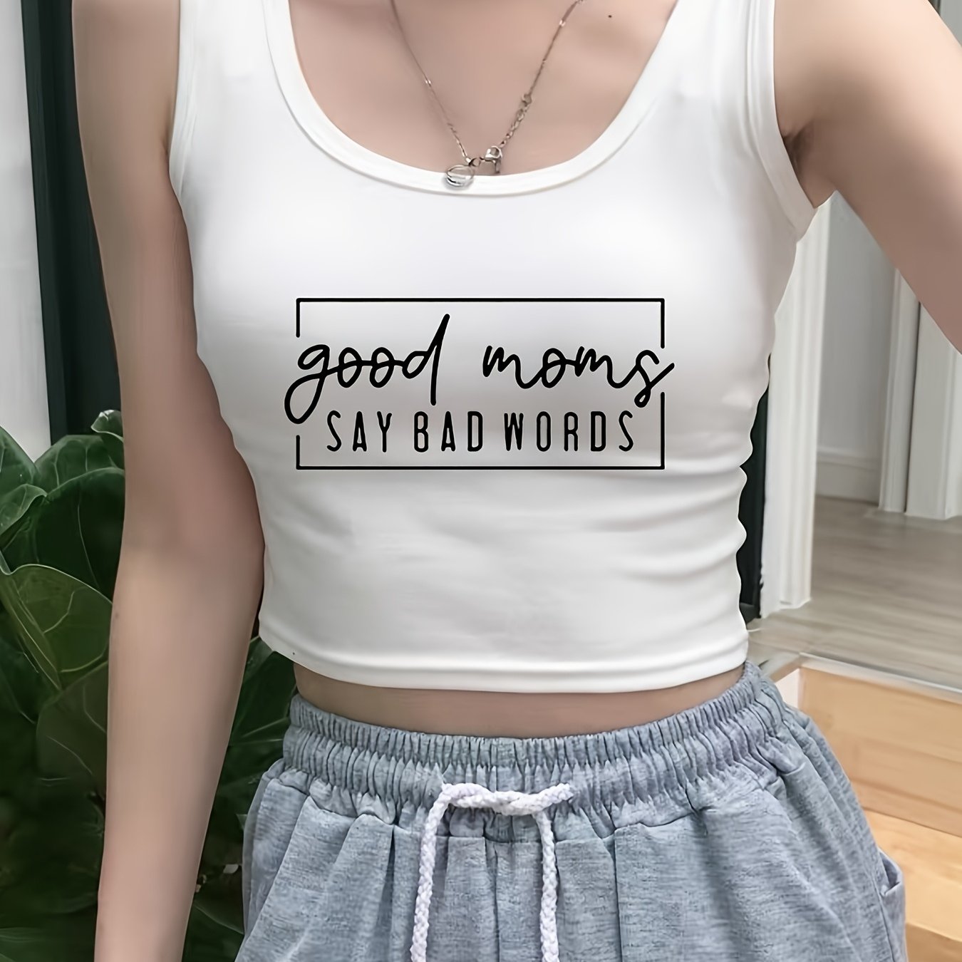 Women's Sexy Casual Cropped Vest - "Good Moms Say Bad Words" Letter Print, Black Sleeveless Round Neck Stretchy Top, Machine Washable Regular Fit for All-Season Layering, Allseason Apparel, Playful Print, Medium Elasticity