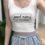 Women's Sexy Casual Cropped Vest - "Good Moms Say Bad Words" Letter Print, Black Sleeveless Round Neck Stretchy Top, Machine Washable Regular Fit for All-Season Layering, Allseason Apparel, Playful Print, Medium Elasticity