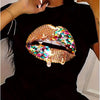 Lips Print Fashionable Casual Short Sleeved Summer Outfit Combined Version Round Neck Women'S T-Shirt