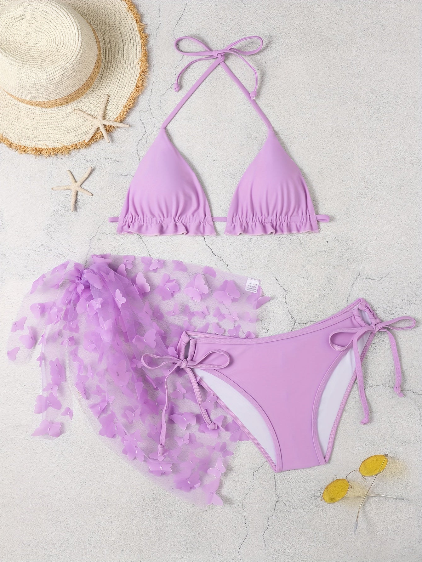 Solid Color Butterfly Applique 3 Piece Set Swimsuits, Triangle Halter Tie Strap Lettuce Trim Bikini, Women's Swimwear & Clothing