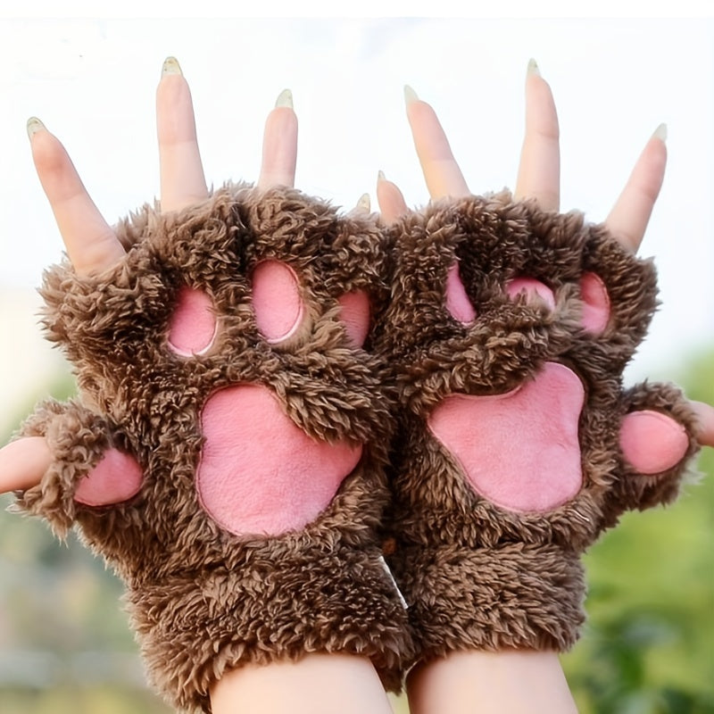 Cute Cat Claw Plush Gloves Stylish Thick Warm Half Finger Gloves Autumn Winter Soft Cozy Fuzzy Gloves