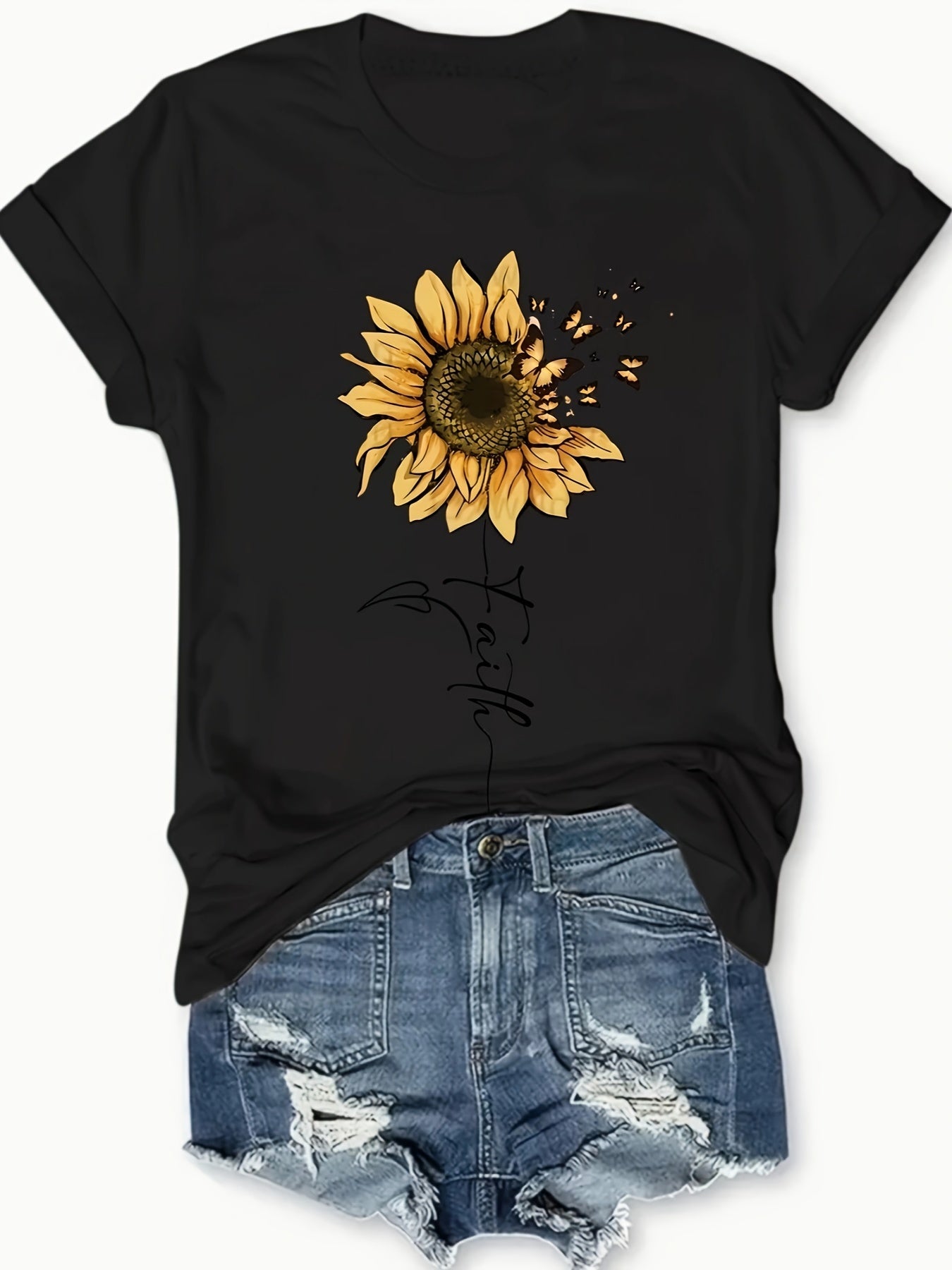 [Cheerful Touch] Women's Sunflower and Butterfly Graphic T-Shirt - Casual Gray Short Sleeve Top, Lightweight & Breathable Polyester Blend, Perfect for Spring & Summer Fashion, Sunflower Shirt