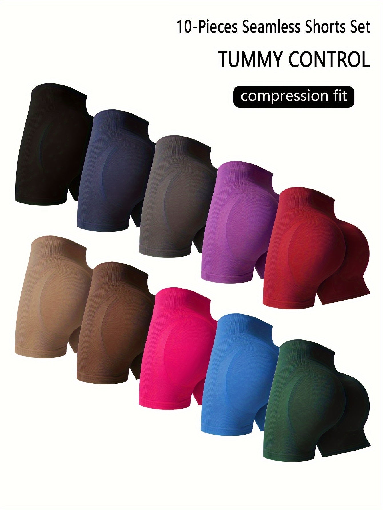High Waist Yoga Shorts for Women 10-Piece Set, Polyamide 90% Elastane 10% Seamless Sports Shorts, Breathable Moisture-Wicking Fabric, High Stretch Skinny Fit, Elastic Waistband, Tummy Control Belly Support, All-Season Solid C