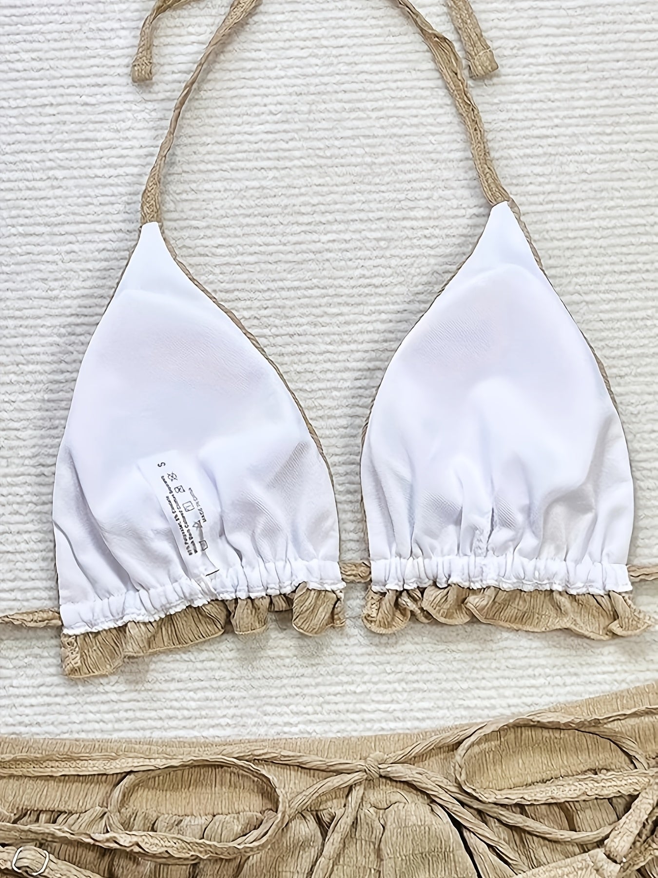 Elegant 3pcs Beige Bikini Set with Floral Embroidery, High-Waisted Bottoms & Ruffled Halter Top, Includes Sheer Cover-Up Shorts - Women's Swimwear