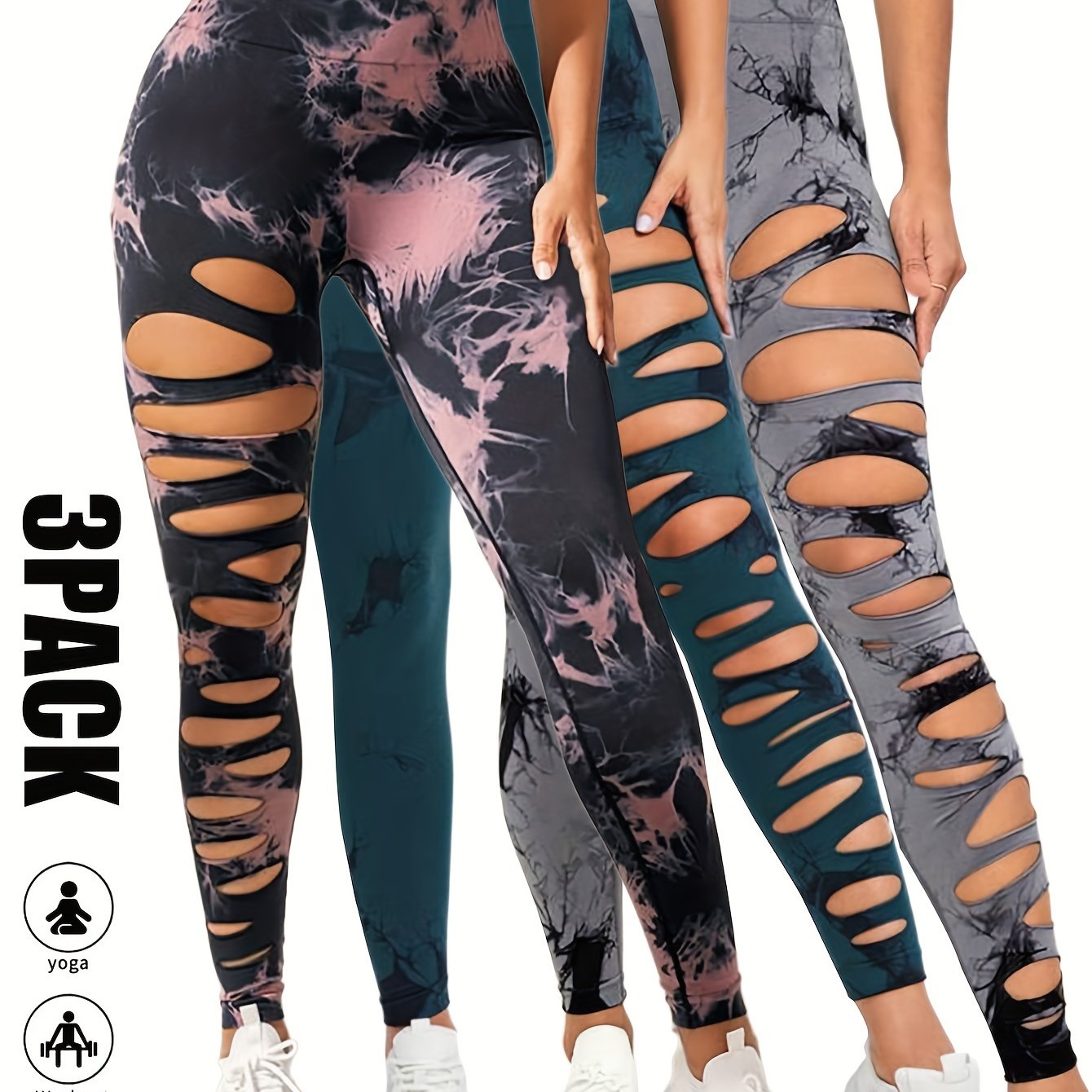 [3 Pack High Waist Yoga Leggings] 3 Pack Women's Tie Dye Cutout Tights High Waist Workout Yoga Leggings, Scrunch Butt Lifting Elastic Pants, Womens High Waist Yoga Pants Cutout Ripped Tummy Control Workout Running Yoga Skinny