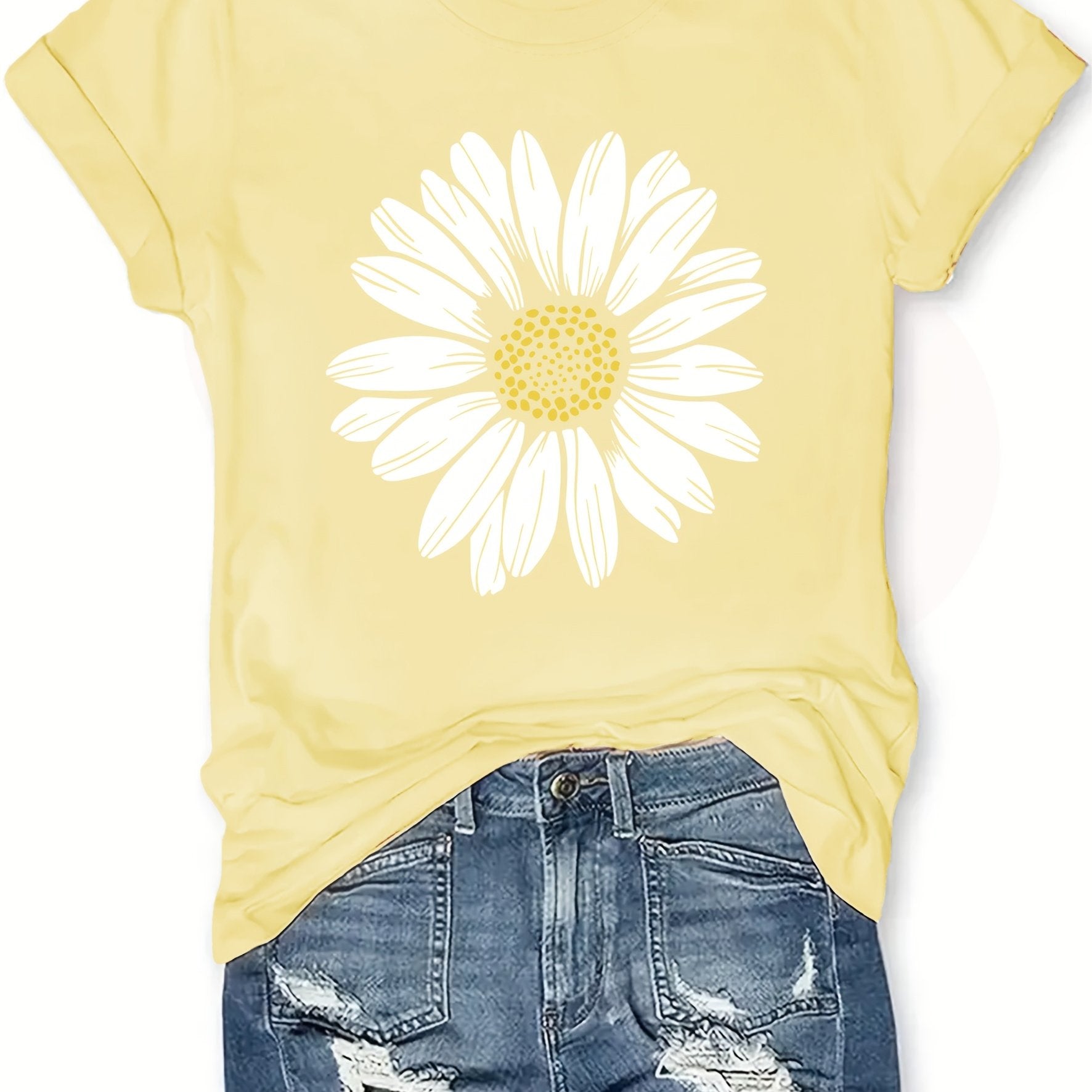 Women's Casual Daisy Flower Print T-Shirt - Soft Polyester Crew Neck Tee, Black with White Daisy Design, Short Sleeve, Perfect for Summer Outfits, Ladies T Shirts