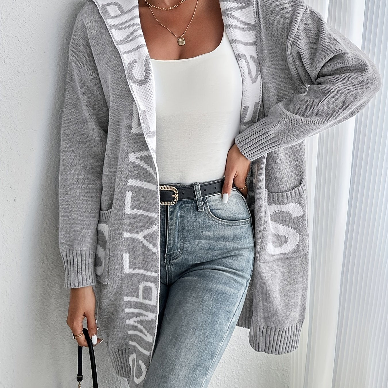 Women's Letter Print Open Front Knit Cardigan - Casual Hoodie Long Sleeve - Cozy Fleece Material - For Fall & Winter - Perfect for Casual Wear & Layering - Ideal Gift for Women