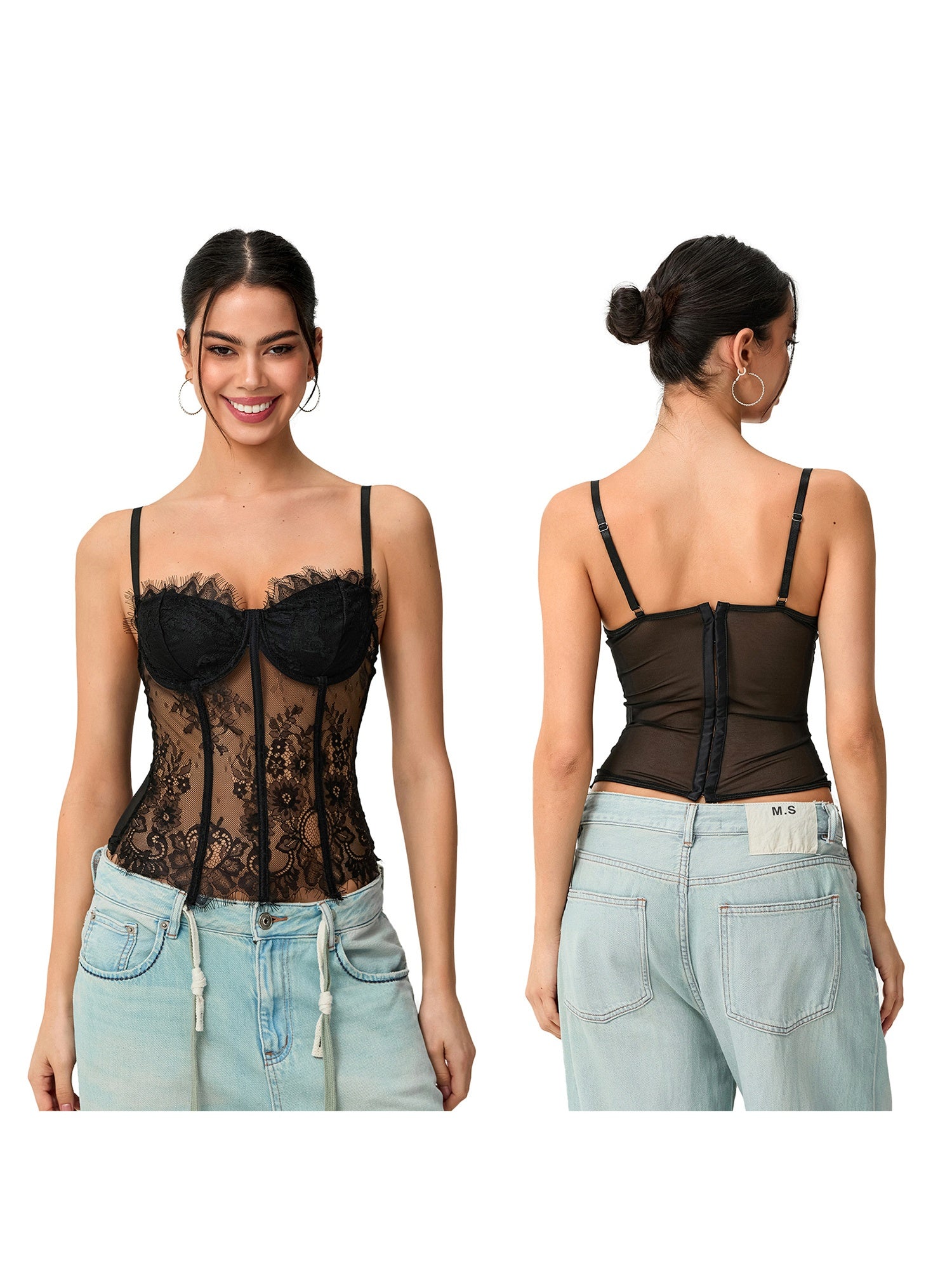 Women's Lace Corset Top | Sleeveless Spaghetti Strap Camisole Bustier | Semi-Transparent Black Polyester Mesh with Floral Lace Detailing | Sheer Design for Versatile Styling | Elegant and Comfortable Fit, Casual Wear Corset |