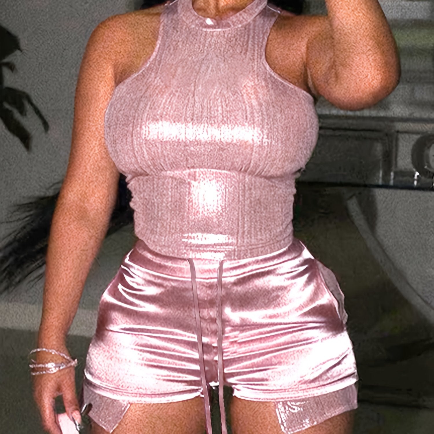 Sexy Metallic Shorts Set - Sleeveless Slim Fit Tank Top, Knotted Front Pocket Shorts Outfit for Women - Stylish Summer Clothing for Ladies