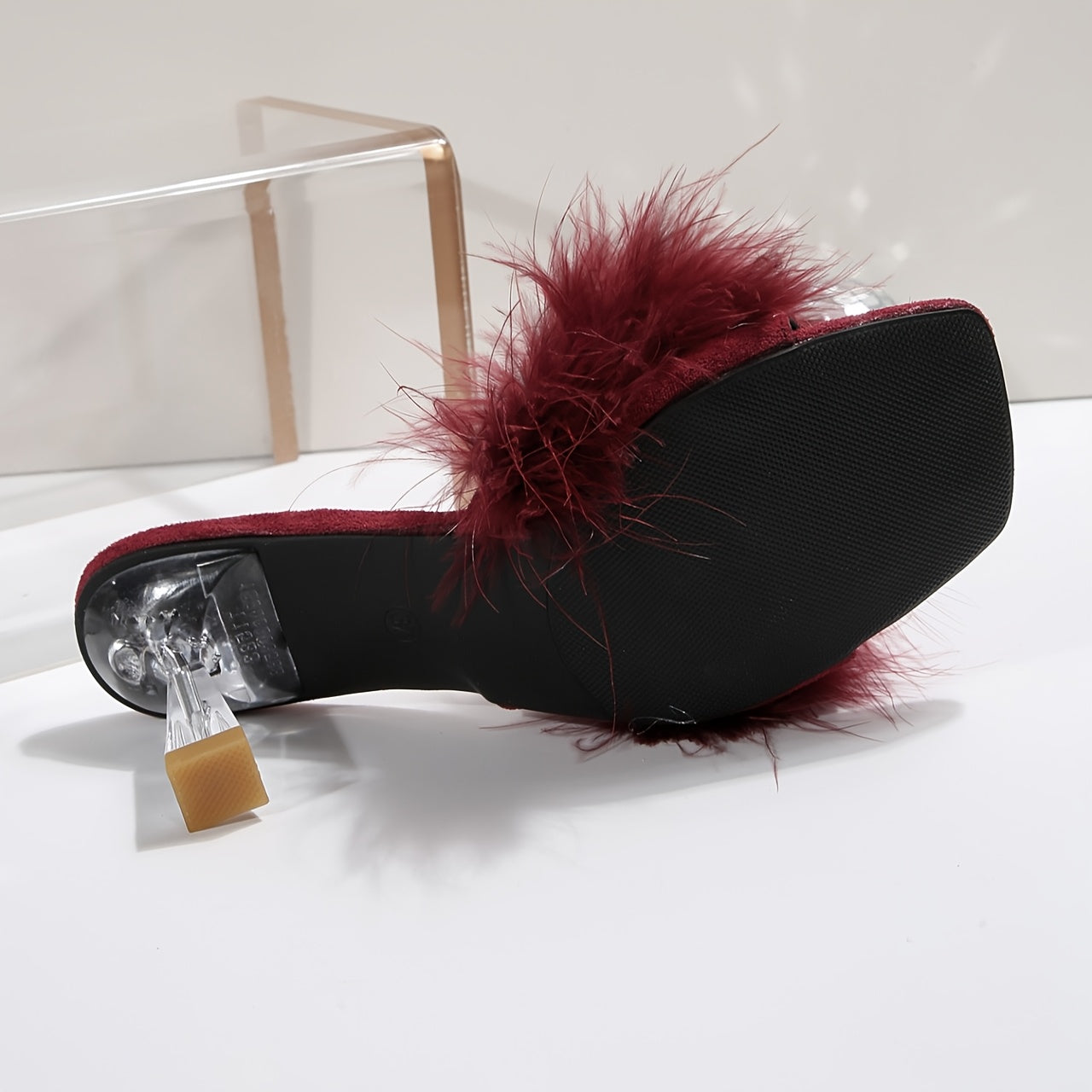 Exquisite Open - Toe High - Heel Slingbacks - Burgundy Furry Upper with Shiny Heels