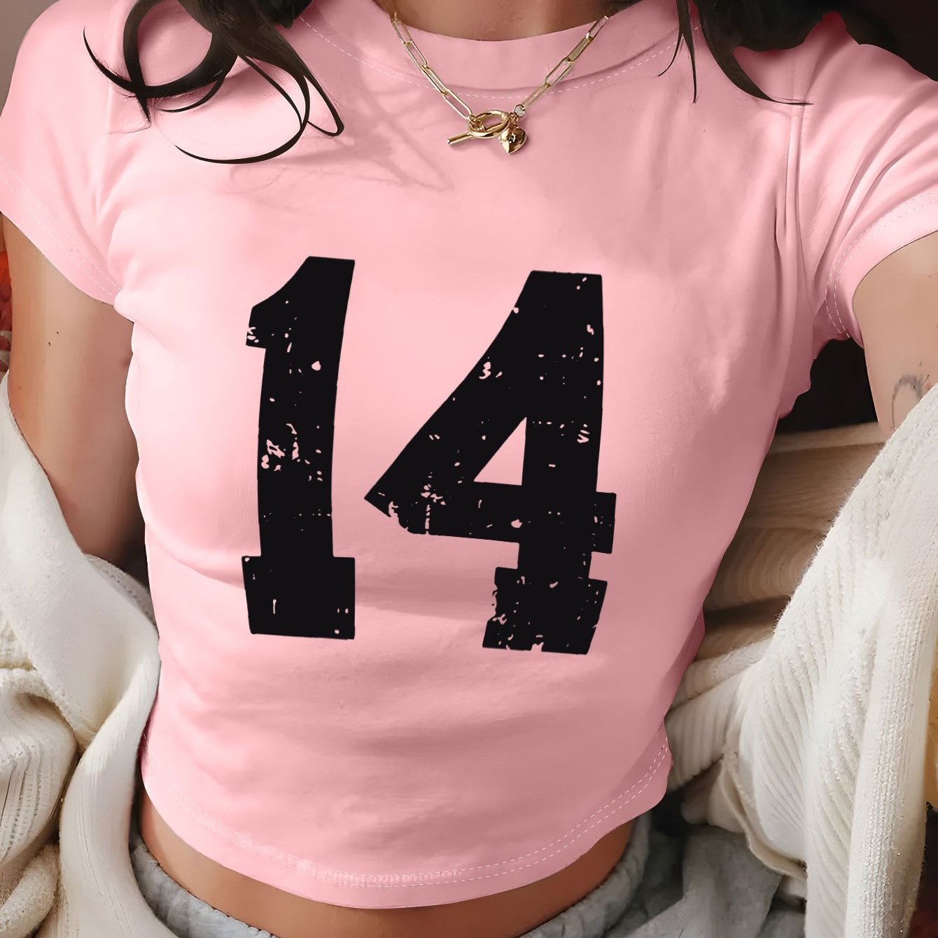 Women's Y2K Geometric Number 14 Print Crop T-Shirt - Soft Casual Top, Light Yellow with White Numerals, Spring Summer Versatile Tee, Distressed Style, Machine Washable Fabric, Comfortable Fit