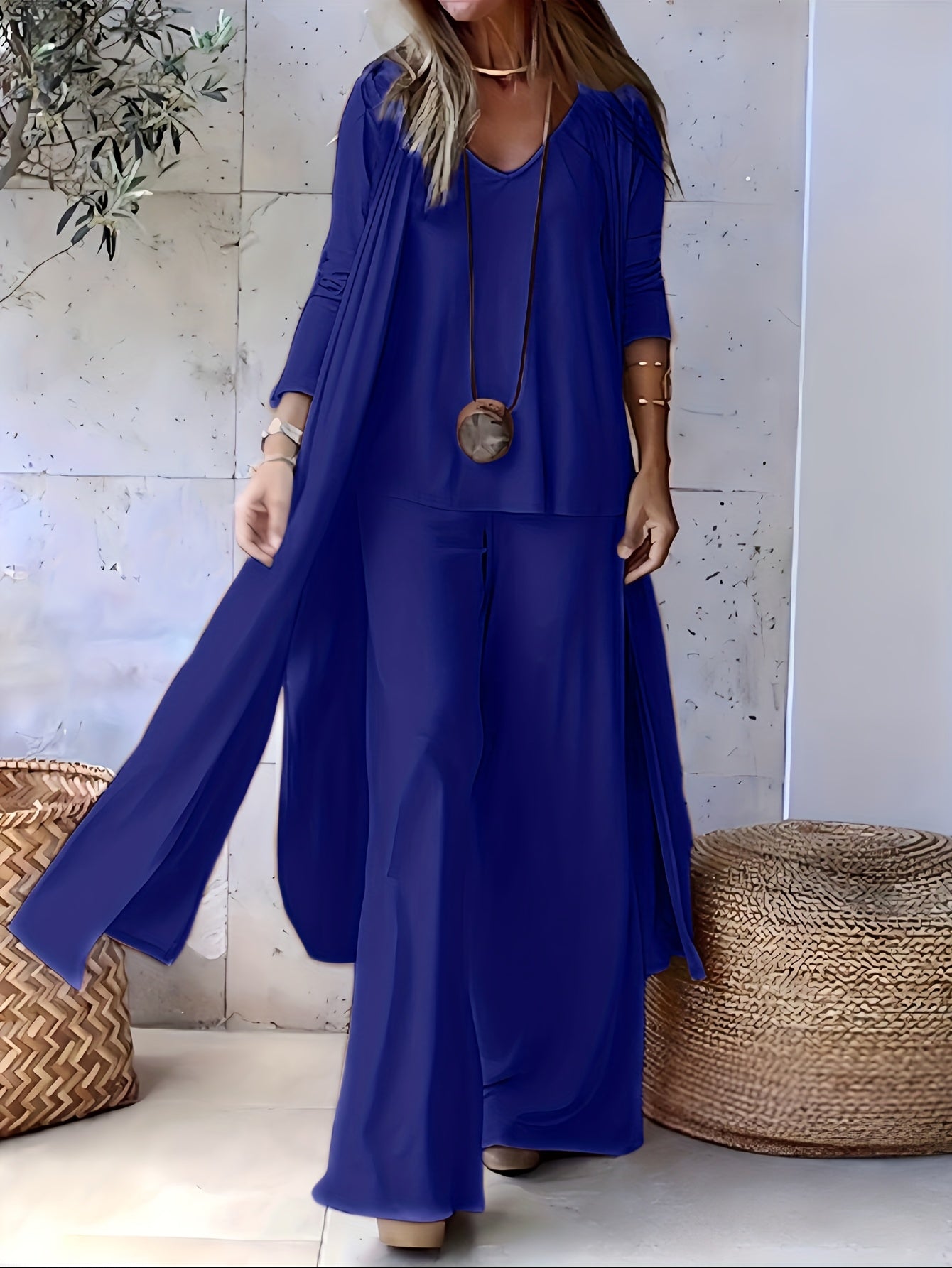 Casual and Fashionable Simple Solid Color with Draping Sensation Sleeveless V-Neck Cardigan with Long Sleeves and Extra Long Side Slits Knitted Cardigan with Elastic Waist and Wide Leg Trousers
