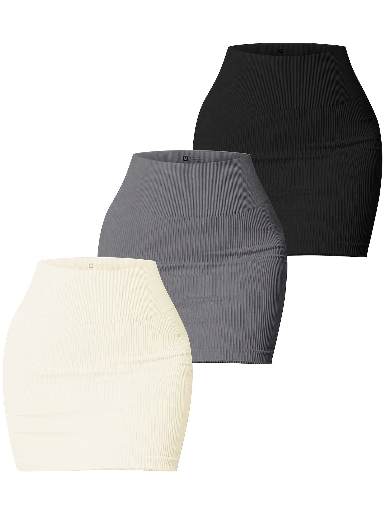 3pcs Women's Seamless High-Waisted Sports Skirts, Solid Color Knit Fabric, Rib-Knit Detail, Bodycon Fit, Stretchy Polyamide 90% Elastane 10%, All-Season Casual Wear