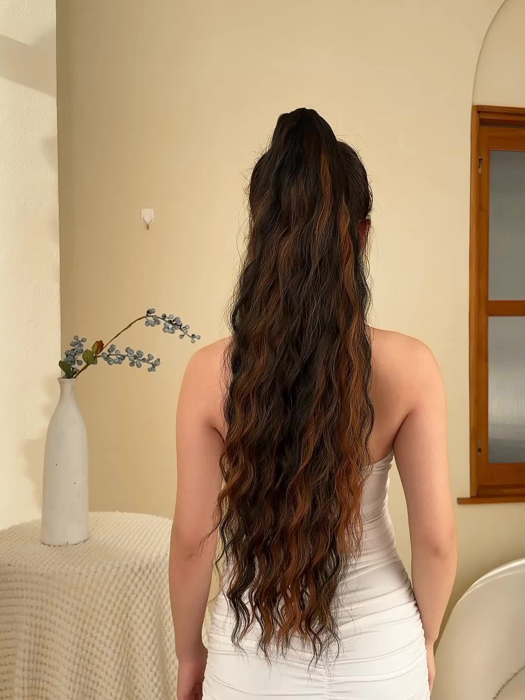 YUSULAXI Women'S 28-Inch Brown Wavy Ponytail Extension, High Temperature Fiber Clip-In Tailpiece, Synthetic Hairpiece for Ladies