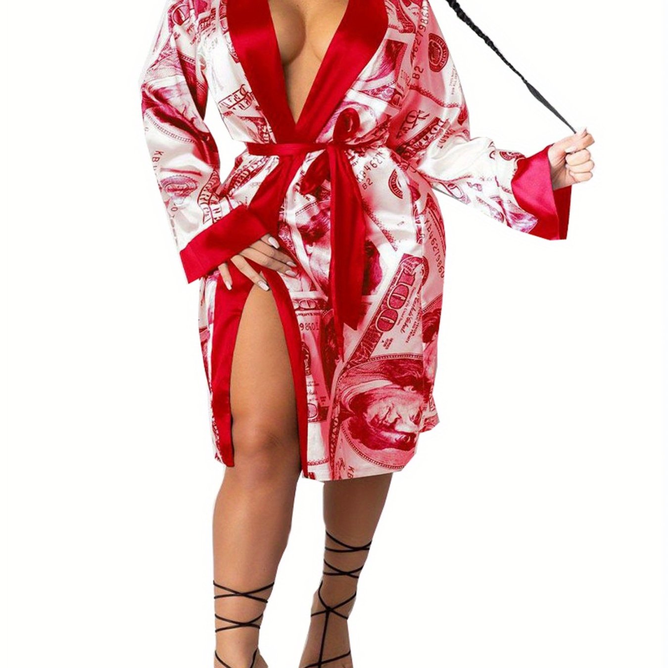 Women's Luxe Satin Robe with Golden Trim & Dollar Print - Long Sleeve V-Neck Kimono Bathrobe Sleepwear with Belt, Soft Polyester Fabric, Machine Washable, Ladies Bathrobe