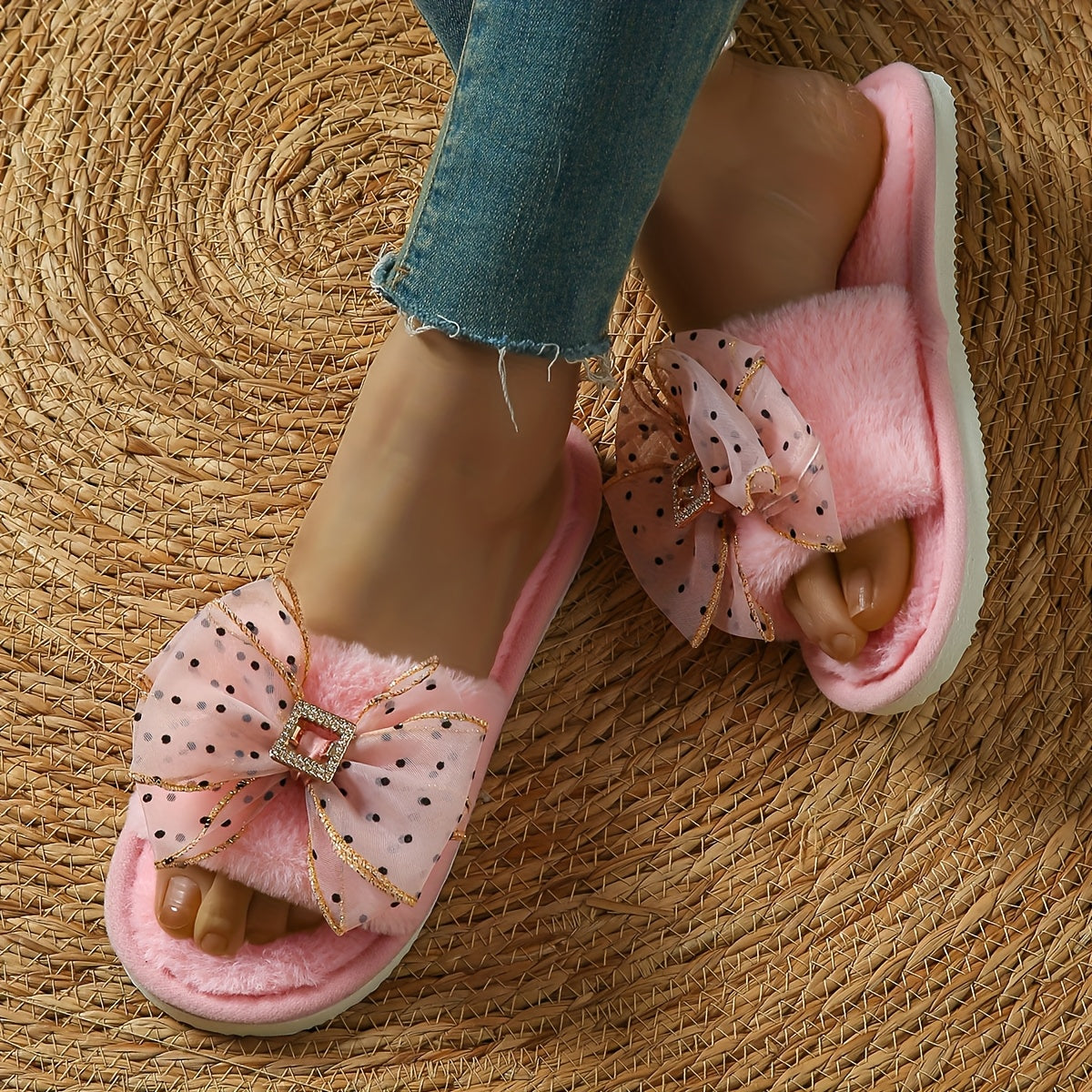Women's Indoor Furry Slippers with Open Toe, Rhinestone and Bow Detail Elegant Home Slip-Ons in Plus Size Soft Comfort