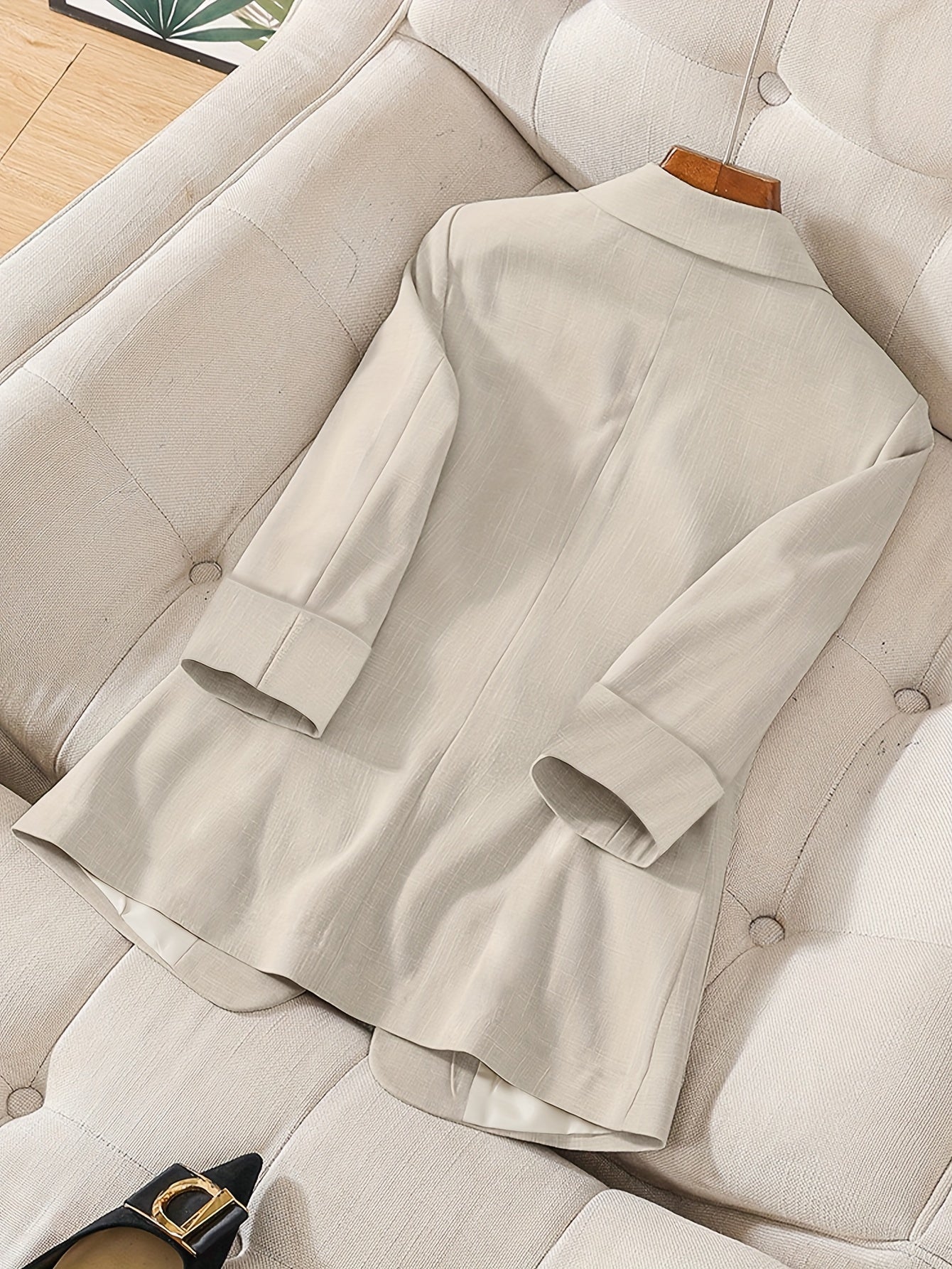 Women's Light Beige Casual Blazer Jacket - Solid Color Single-Breasted Button Front, Notch Lapel & Chest Pocket, Machine Washable H-Silhouette for Autumn Office & Casual Attire, Subtle Stripe Texture