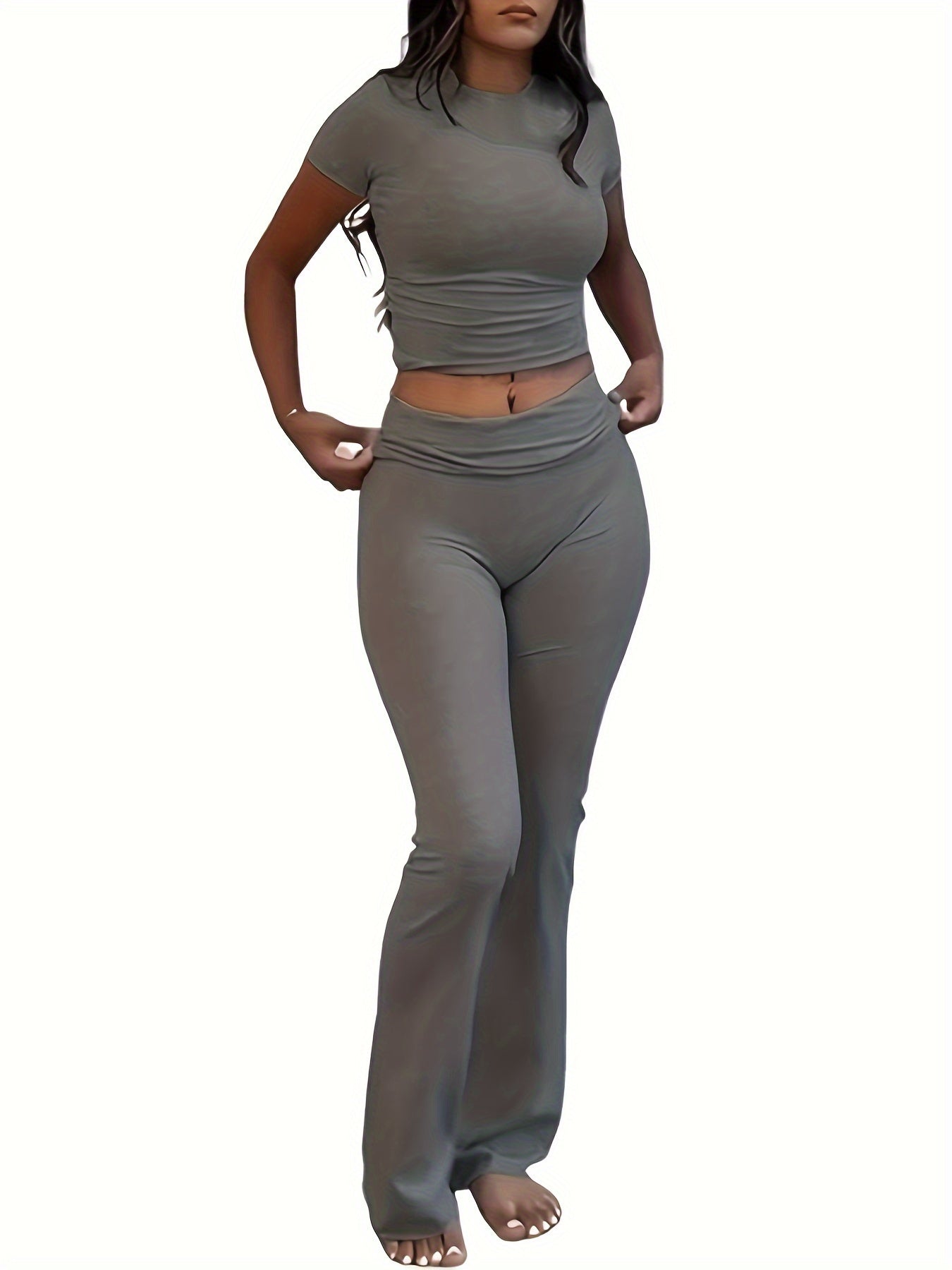 Women's Casual Slim Fit Two-Piece Pants Set – Short Sleeve Crew Neck T-Shirt & High Stretch Flared Leg Sport Pants Outfit