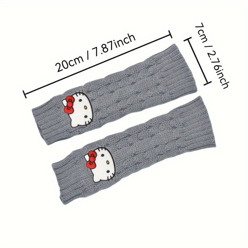 1pc of Sanrio Hello Kitty Cartoon Fashion Pvc Soft Rubber Big Head Decoration Autumn And Winter Leisure Knitting Open Finger Cuff Linen Pattern Short Gloves for Women to Work Cycling Interlocking Warm Wrist Gloves for Women C