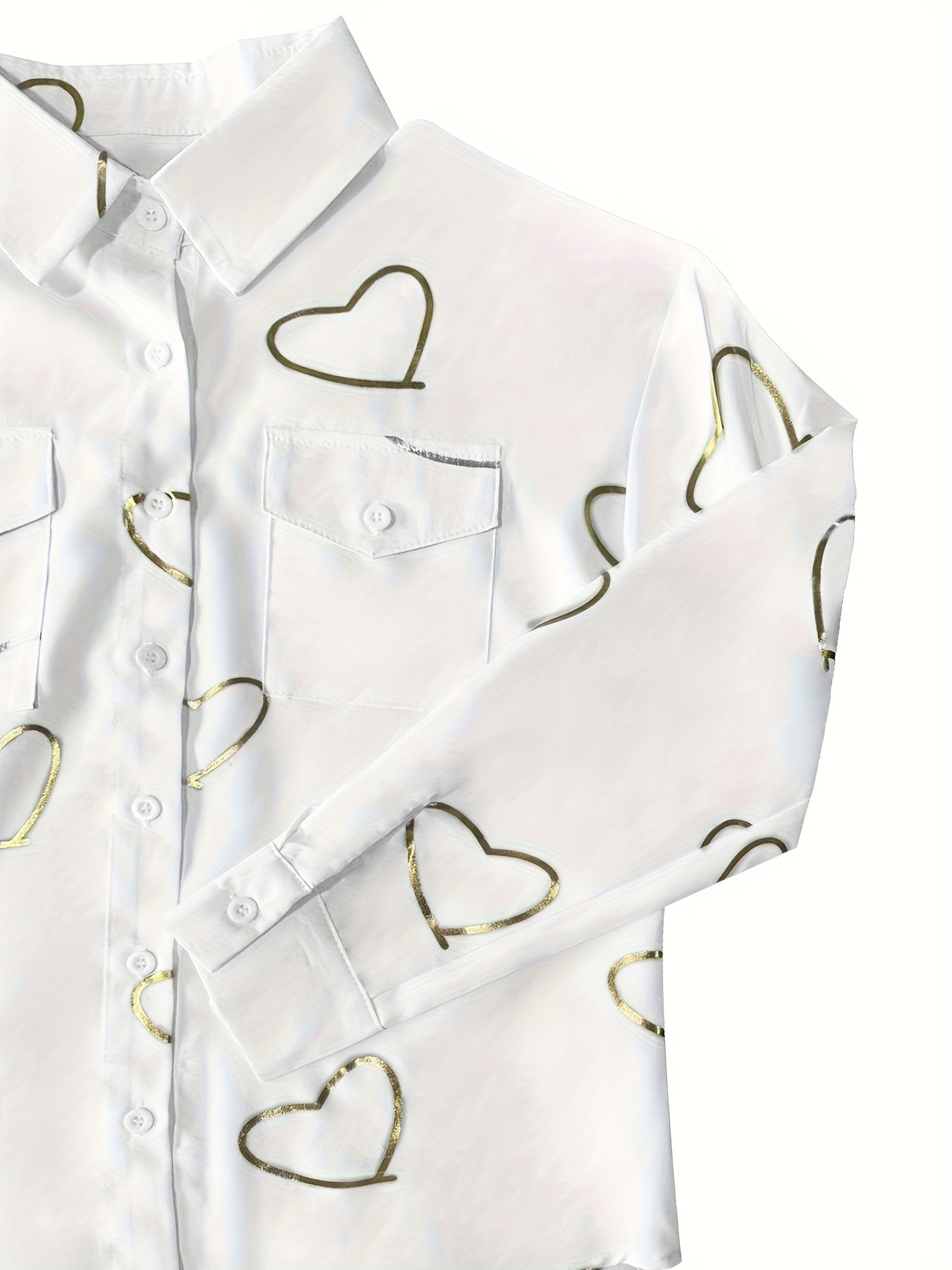 Heart Print Button Front Shirt, Casual Long Sleeve Dual Pockets Blouse For Spring & Fall, Women's Clothing